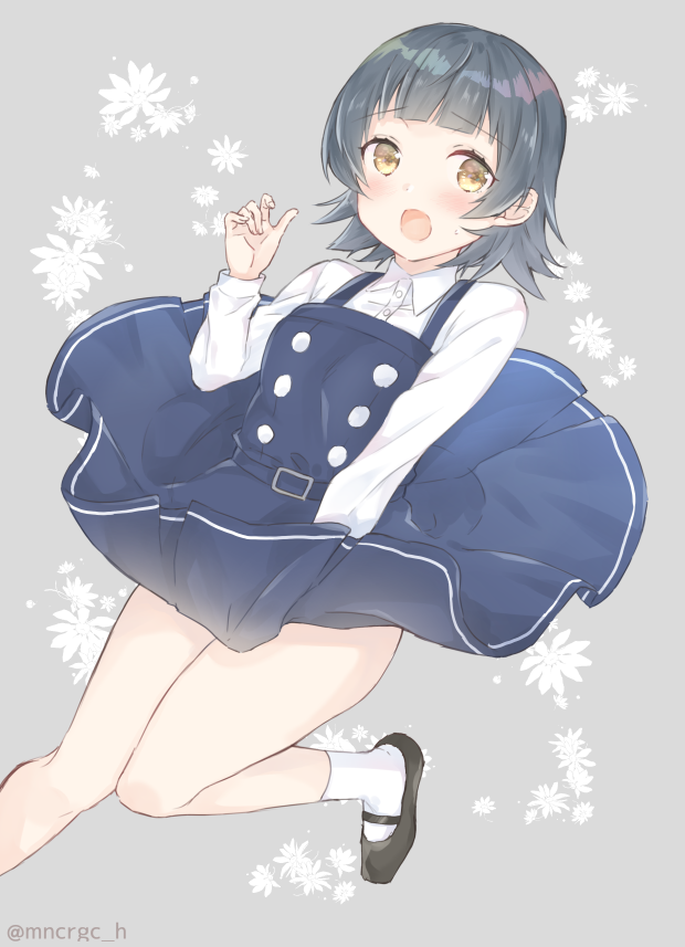 1girl arare_(kancolle) arare_kai_ni_(kancolle) black_hair black_shoes brown_eyes dress dress_tug full_body grey_background kantai_collection long_sleeves looking_at_viewer mary_janes open_mouth pinafore_dress saiki_yuzuri shirt shoes short_hair short_sleeves skirt_hold sleeveless sleeveless_dress socks solo white_shirt white_socks