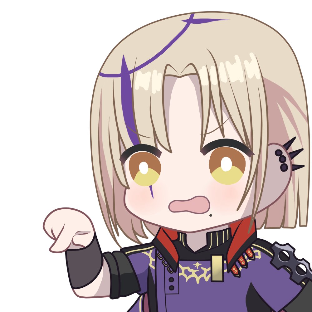 1boy blonde_hair ear_piercing hair_ornament holostars holostars_english magni_dezmond mole mole_under_mouth open_mouth piercing pointing purple_tunic tunic upper_body vambraces virtual_youtuber yellow_eyes zephylyne