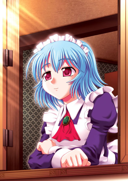 1girl blue_hair female_focus indoors iwako kokorono_hizumi maid maid_headdress maid_rpg red_eyes short_hair smile solo