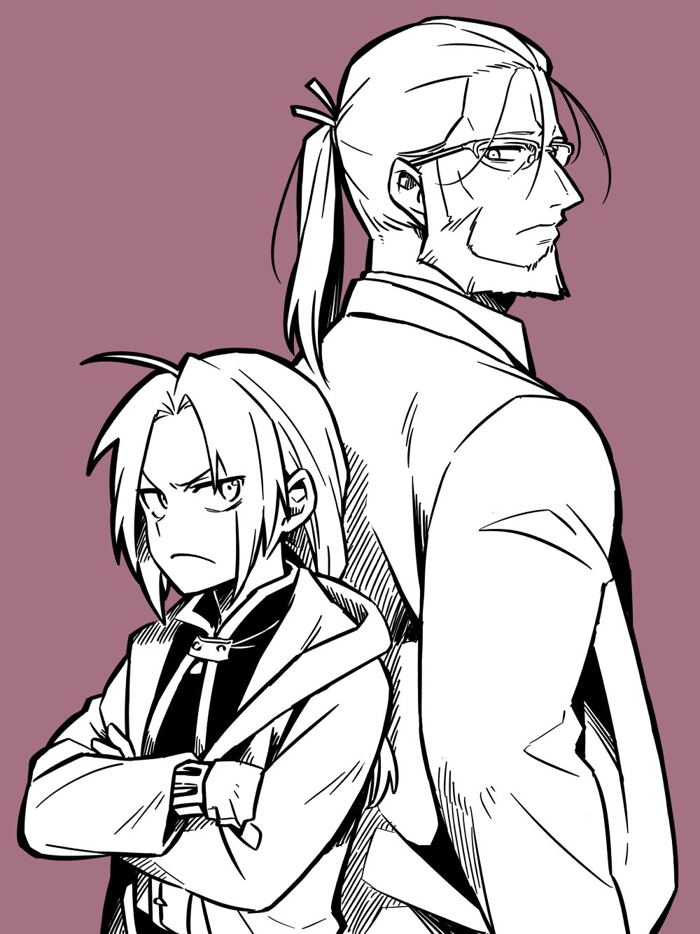 2boys ahoge back-to-back beard closed_mouth crossed_arms edward_elric facial_hair fullmetal_alchemist glasses greyscale greyscale_with_colored_background highres jacket long_hair long_sleeves male_focus monochrome multiple_boys ponytail purple_background red_background simple_background tsumumi_(kandume103) van_hohenheim