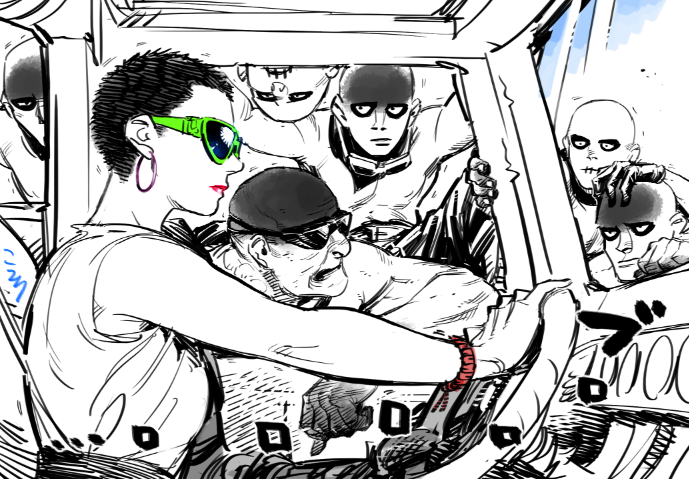 1girl 6+boys ace_(mad_max) earrings imperator_furiosa jewelry kotteri lipstick mad_max mad_max:_fury_road makeup mechanical_arms monochrome multiple_boys short_hair single_mechanical_arm sound_effects spot_color sunglasses very_short_hair