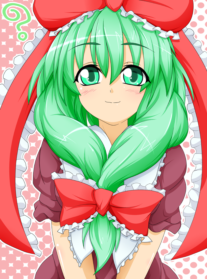 1girl ? bad_id bad_pixiv_id blush bow female_focus frills front_ponytail green_eyes green_hair hair_bow hair_ribbon kagiyama_hina kokujuuji long_hair looking_at_viewer matching_hair/eyes ribbon smile solo touhou