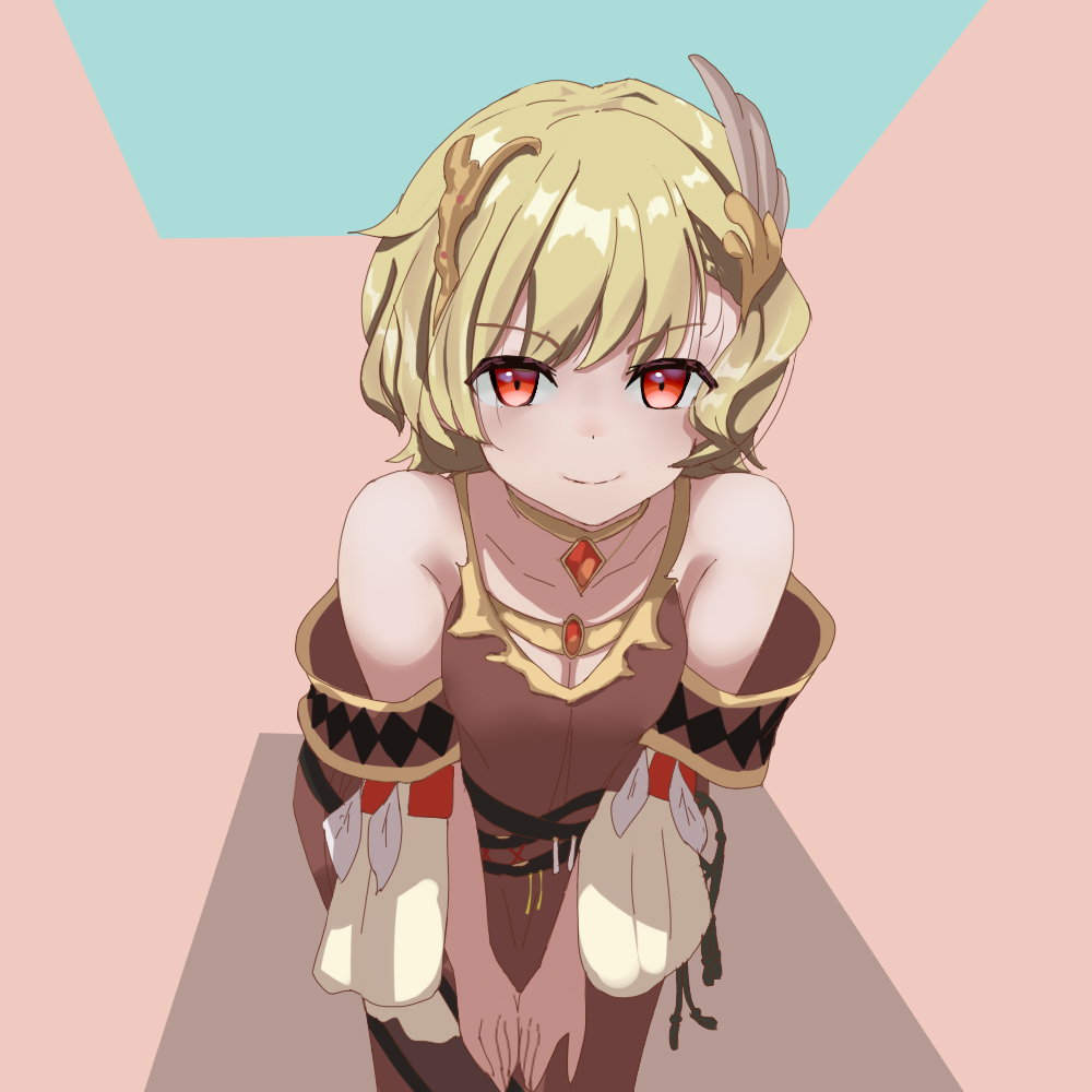 1girl bare_shoulders blonde_hair breasts brown_dress citrinne_(fire_emblem) dabuman dress fire_emblem fire_emblem_engage gold_choker gold_trim hands_on_own_thighs jewelry leaning_forward looking_at_viewer medium_breasts nintendo red_eyes smile solo wing_hair_ornament