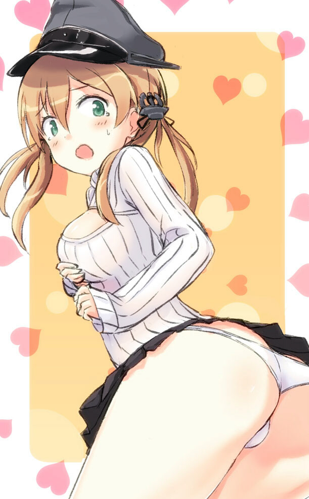 10s 1girl alternate_costume anchor_hair_ornament ass bad_id blonde_hair breasts cleavage_cutout clothing_cutout commentary_request engiyoshi female_focus green_eyes hair_ornament hat heart kantai_collection long_hair looking_at_viewer medium_breasts meme_attire open-chest_sweater open_mouth panties peaked_cap prinz_eugen_(kancolle) ribbed_sweater solo sweater twintails underwear white_panties