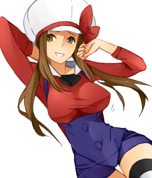 00s 1girl aged_up alternate_hairstyle breasts brown_eyes brown_hair creatures_(company) doodle female_focus game_freak hat large_breasts long_hair lyra_(pokemon) nintendo pokemon pokemon_hgss simple_background smile solo thigh_gap thighhighs tribute_(tributism) white_background