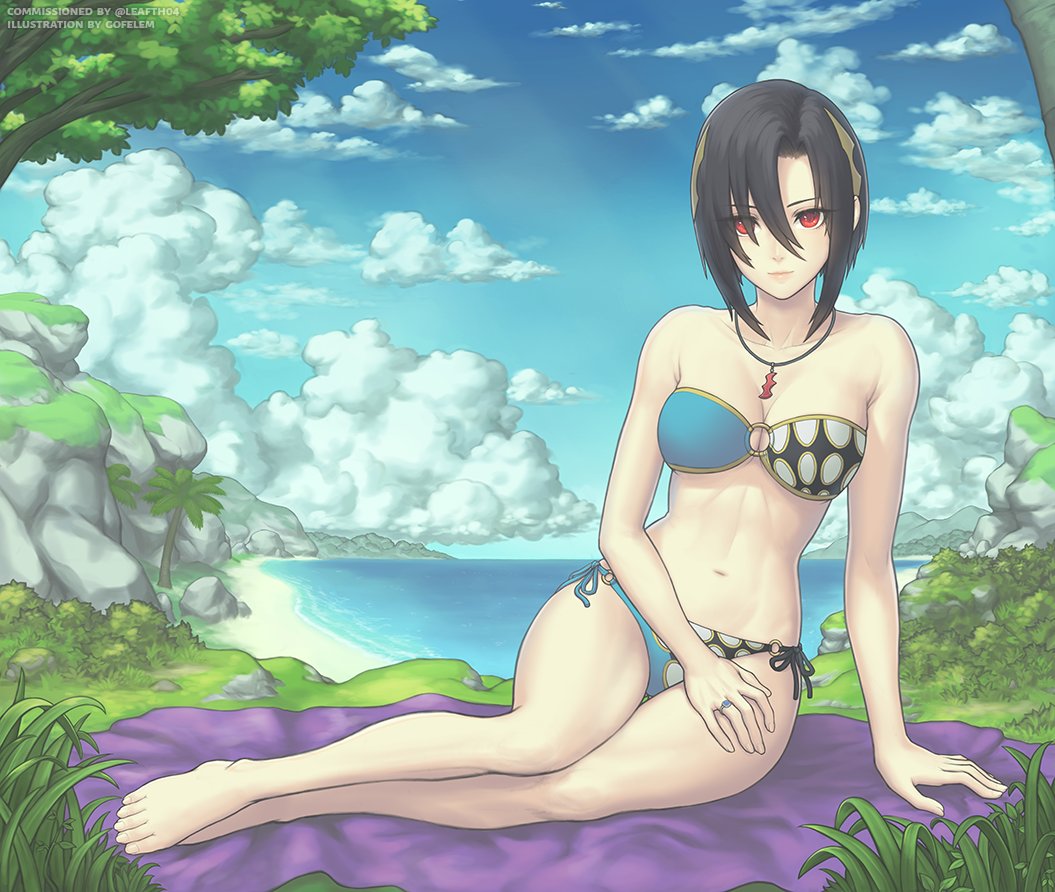 1girl abs asymmetrical_bangs bare_shoulders black_hair breasts cleavage fire_emblem fire_emblem_engage gofelem hair_between_eyes looking_at_viewer medium_breasts navel nel_(fire_emblem) nintendo red_eyes short_hair solo swimsuit thighs toned toned_female