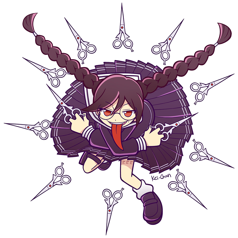 1girl braid brown_hair crossed_arms danganronpa:_trigger_happy_havoc danganronpa_(series) dress female_focus fukawa_toko full_body genocider_shou glasses kei-chan_(atlas_kei) long_hair long_tongue mole mole_under_mouth parody puyopuyo red_eyes school_uniform scissors serafuku shoes signature smile socks solo style_parody tongue tongue_out twin_braids twintails white_background