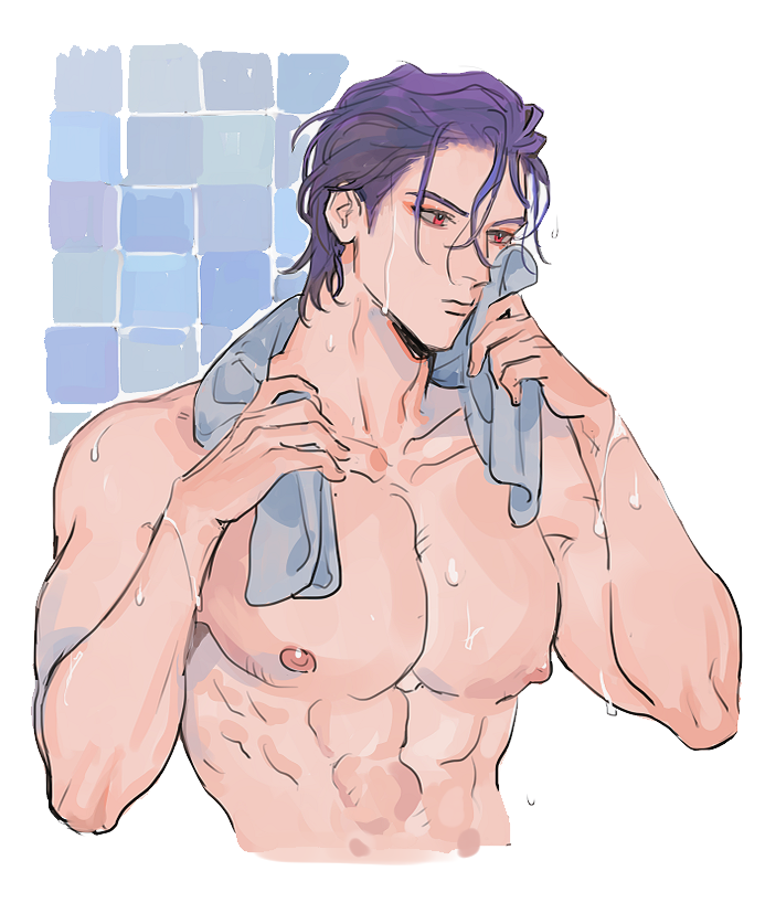 1boy abs blue_hair bunnyclvb dr._ratio_(honkai:_star_rail) honkai:_star_rail honkai_(series) male_focus muscular muscular_male nipples red_eyes short_hair solo toned toned_male towel upper_body wet white_background