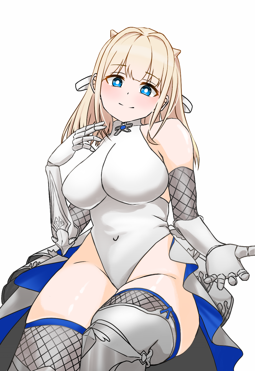 1girl armor armored_skirt armpit_crease artist_request blonde_hair blue_eyes blush breasts brown_dust_(series) brown_dust_2 chainmail cleavage closed_mouth covered_navel demon_horns elbow_gloves gauntlets gloves greaves grey_gloves groin hair_between_eyes highres horns justia_(brown_dust) justia_(reclaimed_destiny)_(brown_dust) large_breasts leotard long_hair looking_at_viewer simple_background small_horns smile solo thighhighs white_background white_leotard