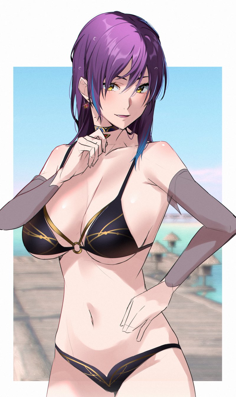 1girl bikini cowboy_shot dead_or_alive dead_or_alive_xtreme dead_or_alive_xtreme_venus_vacation highres navel purple_hair shandy_(doa) sketch slope_(check238) swimsuit tagme yellow_eyes