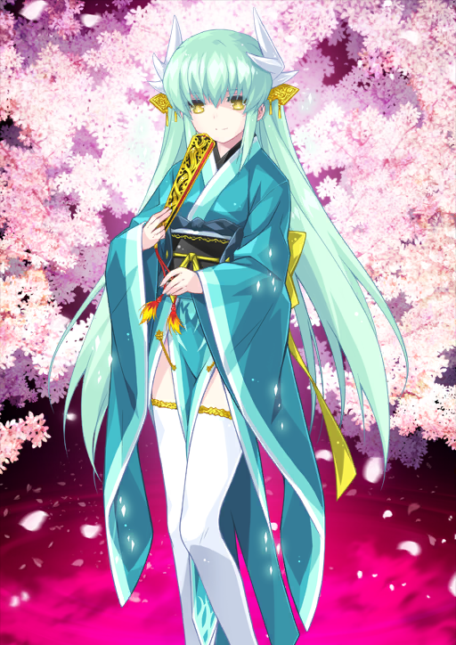 1girl aqua_kimono belt black_(artist) black_belt bow cherry_blossoms fate/grand_order fate_(series) feet_out_of_frame folding_fan green_hair hair_between_eyes hand_fan holding holding_fan horns japanese_clothes kimono kiyohime_(fate) long_hair multiple_horns obi official_art pelvic_curtain sash side_slit sidelocks solo thighhighs very_long_hair white_horns white_thighhighs wide_sleeves yellow_bow yellow_eyes