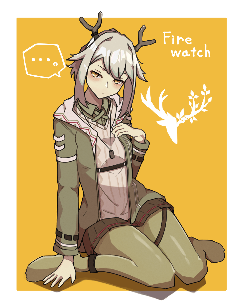 ... 1girl antlers arknights black_skirt blush character_name commentary_request dog_tags firewatch_(arknights) green_jacket green_pantyhose grey_hair hair_between_eyes highres horns jacket long_hair looking_at_viewer muniru_626 no_shoes pantyhose pleated_skirt ponytail sidelocks sitting skirt solo spoken_ellipsis wariza yellow_background yellow_eyes