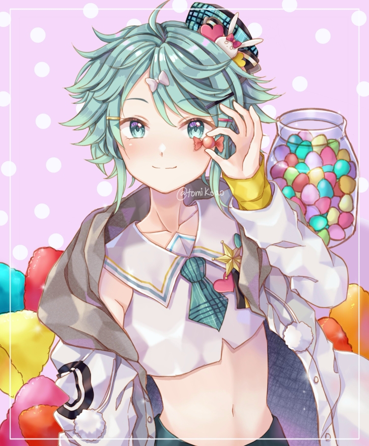 1boy ahoge candy closed_mouth collarbone crop_top food green_eyes green_hair hair_ornament hairclip hat hat_pin holding holostars jacket kagami_kira long_sleeves looking_at_viewer male_focus messy_hair midriff navel pom_pom_(clothes) skirt smile solo tomikoao trap upper_body virtual_youtuber