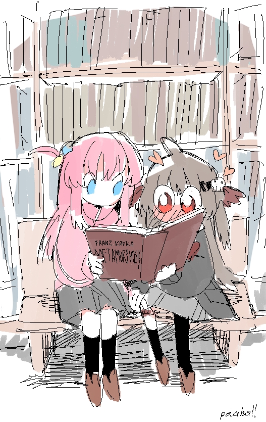 2girls ahoge black_cardigan black_skirt black_socks blush bocchi_the_rock! book bow bowtie cardigan evil_neuro-sama gotoh_hitori hair_ornament indie_virtual_youtuber jacket library long_hair long_sleeves multiple_girls neuro-sama pasharuu pink_hair pink_jacket red_bow red_bowtie red_eyes sidelocks sitting sketch skirt skull_hair_ornament socks the_metamorphosis two_side_up very_long_hair virtual_youtuber