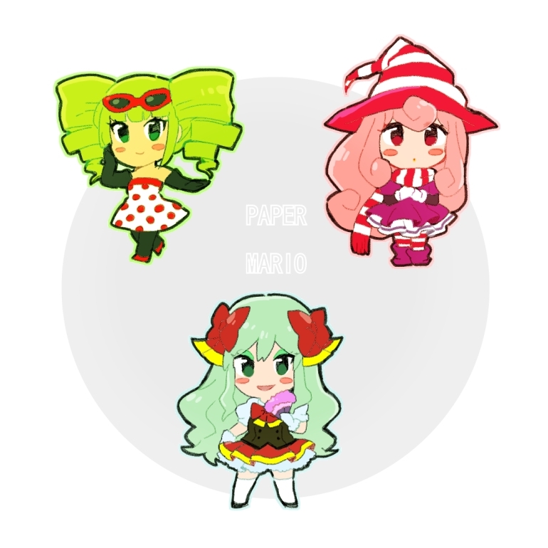 3girls blush_stickers bow bow_(paper_mario) chibi chiimako dress eyewear_on_head gloves green_eyes green_hair hat long_hair mario_(series) mimi_(paper_mario) multiple_girls nintendo pantyhose paper_mario paper_mario:_the_thousand_year_door paper_mario_64 personification pink_hair scarf smile sunglasses super_paper_mario vivian_(mvv) witch_hat