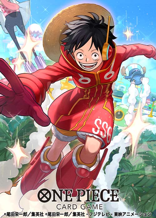 3boys antlers bag black_hair blue_sky boots coat commentary_request copyright_name dr._vegapunk gloves hat horns lab_coat looking_at_viewer male_focus monkey_d._luffy multiple_boys official_art one_piece one_piece_card_game orange_shorts otton red_coat red_gloves reindeer_antlers scar scar_on_face short_hair shorts shoulder_bag sky smile smoke sparkle straw_hat tongue tongue_out tony_tony_chopper vegasuit