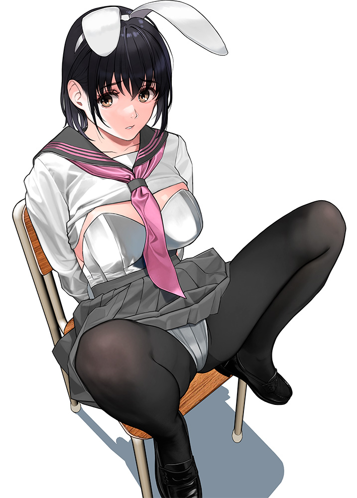 1girl :o animal_ears black_hair black_pantyhose brown_eyes chair fake_animal_ears from_above leotard looking_to_the_side medium_hair mibu_natsuki original pantyhose pleated_skirt rabbit_ears sailor_collar school_uniform shirt skirt solo spread_legs white_background white_leotard white_shirt