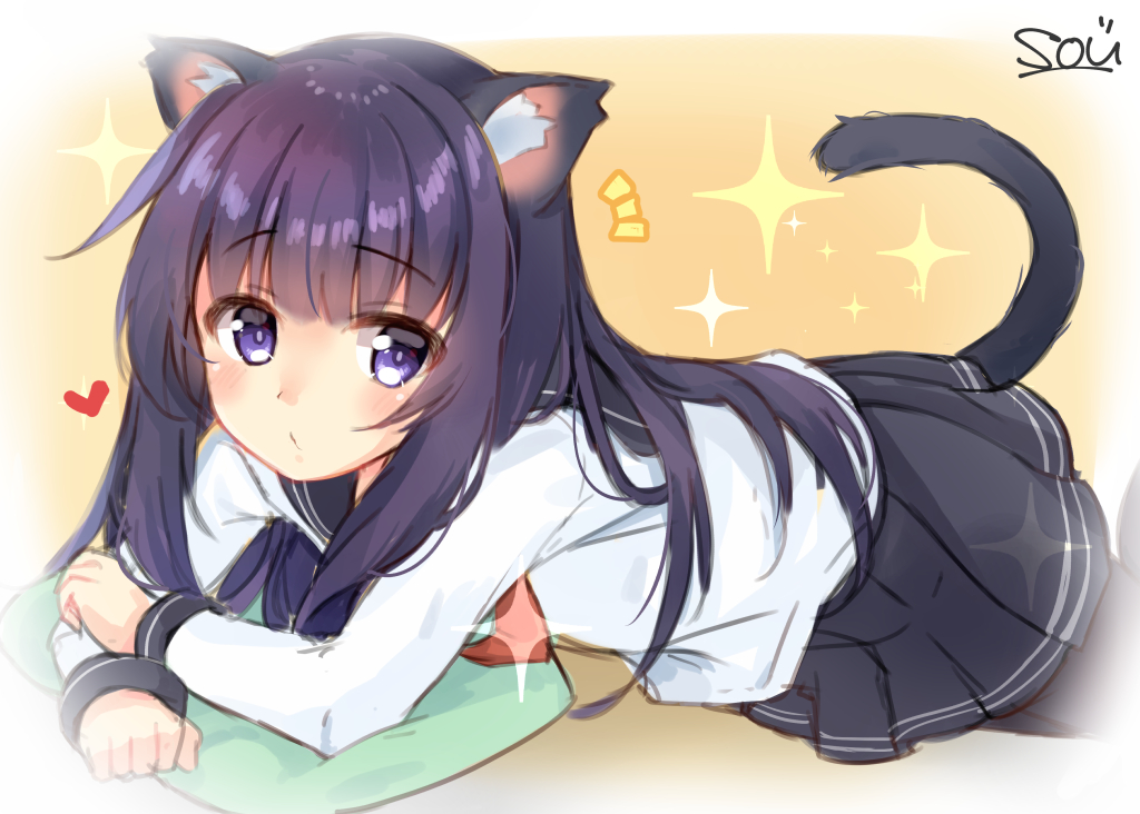 1girl akatsuki_(kancolle) animal_ear_fluff animal_ears artist_name black_pantyhose black_sailor_collar black_skirt blush cat_ears cat_girl cat_tail heart kantai_collection kemonomimi_mode long_hair long_sleeves neckerchief no_headwear pantyhose pleated_skirt purple_eyes purple_hair red_neckerchief sailor_collar school_uniform serafuku signature skirt solo sou_(soutennkouchi) tail