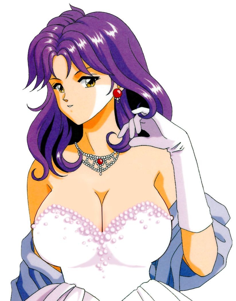 1990s_(style) 1girl breasts cleavage dress earrings elbow_gloves female_focus gloves jewelry kagami_mira kokura_masashi large_breasts long_hair looking_at_viewer necklace official_art purple_hair retro_artstyle scan scarf shawl simple_background smile solo source_request strapless strapless_dress tokimeki_memorial tokimeki_memorial_1 white_background white_gloves white_theme yellow_eyes