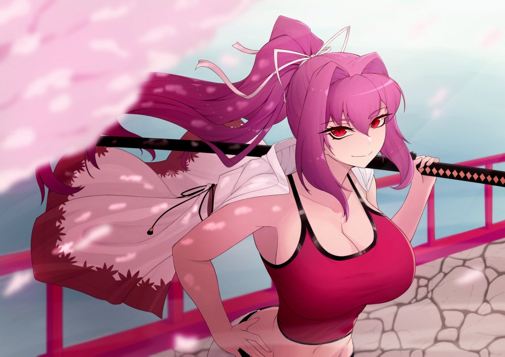 1girl breasts camisole cleavage collarbone crop_top hair_intakes hair_ribbon hand_on_own_hip jacket jacket_on_shoulders katana large_breasts long_hair looking_at_viewer midriff navel ocean ponytail purple_hair red_camisole red_eyes ribbon slit_pupils smile solo sword under_night_in-birth vermillion_dice very_long_hair weapon white_ribbon yuzuriha_(under_night_in-birth)