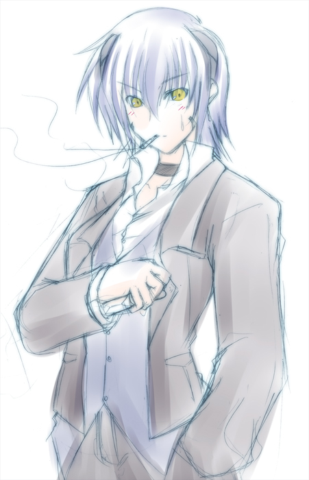 00s androgynous cigarette crossdressing gender_request genderswap genderswap_(ftm) genderswap_(mtf) hagane_soushi lyrical_nanoha mahou_shoujo_lyrical_nanoha mahou_shoujo_lyrical_nanoha_strikers numbers_(nanoha) reverse_trap short_hair silver_hair sketch solo uno_(nanoha) yellow_eyes