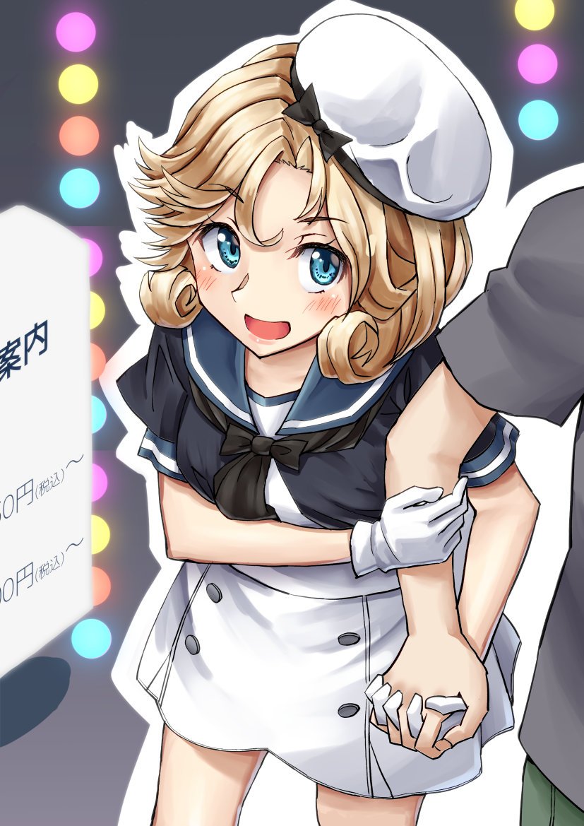 1boy 1girl black_neckwear blonde_hair blue_eyes blue_sailor_collar commentary_request cowboy_shot dress gloves hat holding_hands janus_(kancolle) kantai_collection mayura_(lucadia) open_mouth parted_bangs sailor_collar sailor_dress sailor_hat short_hair short_sleeves sign standing white_dress white_gloves white_headwear