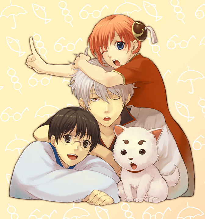 1girl 2boys :d ;o bad_id bad_pixiv_id blue_eyes brown_eyes brown_hair china_dress chinese_clothes dango dog double_bun dress fish food gintama glasses kagura_(gintama) looking_at_viewer multiple_boys one_eye_closed open_mouth red_eyes ryunosuke_takahashi sadaharu sakata_gintoki shimura_shinpachi silver_hair smile takahashi_ryuunosuke umbrella wagashi wink