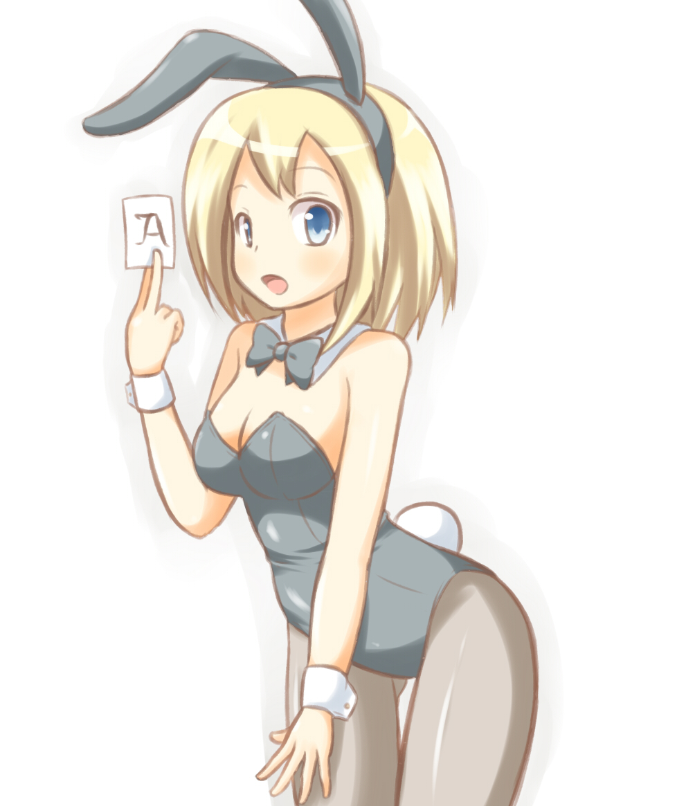 1girl a-ktoo blonde_hair blue_eyes blush breasts female_focus leotard open_mouth pantyhose playboy_bunny rabbit_tail short_hair solo tail wrist_cuffs