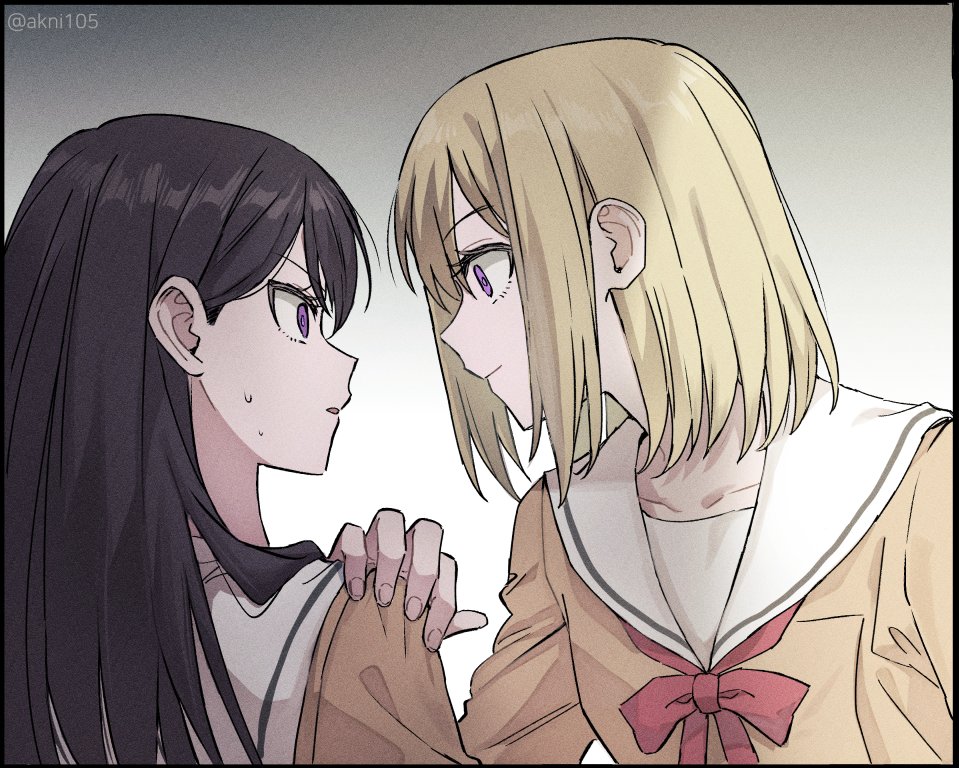 2girls akni bang_dream! bang_dream!_it&#039;s_mygo!!!!! black_border black_hair blonde_hair border brown_dress collarbone commentary_request dress film_grain hanasakigawa_school_uniform korean_commentary long_hair medium_hair misumi_uika multiple_girls neck_ribbon open_mouth purple_eyes red_ribbon ribbon sailor_collar sailor_dress school_uniform shiina_taki sweatdrop twitter_username white_sailor_collar wide-eyed