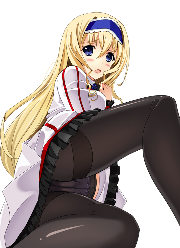 10s 1girl asakura_ryou_(artist) black_pantyhose blonde_hair blue_eyes blush cameltoe cecilia_alcott crotch_seam female_focus from_behind from_below hairband hino_minato_(spec.c) infinite_stratos long_hair lying on_side open_mouth panties panties_under_pantyhose pantyhose revision school_uniform simple_background solo underwear