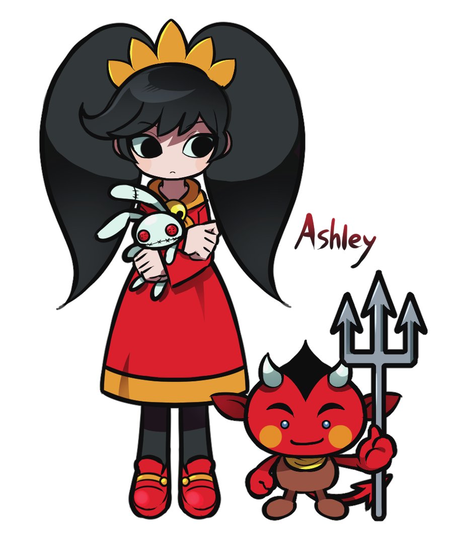 1girl ashley_(warioware) bell big_hair black_eyes black_hair black_leggings closed_mouth demon demon_tail dress hairband horns jjjjtaaaku leggings light_frown long_hair long_sleeves looking_at_another looking_at_viewer nintendo orange_hairband red_(warioware) red_dress red_footwear stuffed_animal stuffed_toy tail tiara twintails warioware