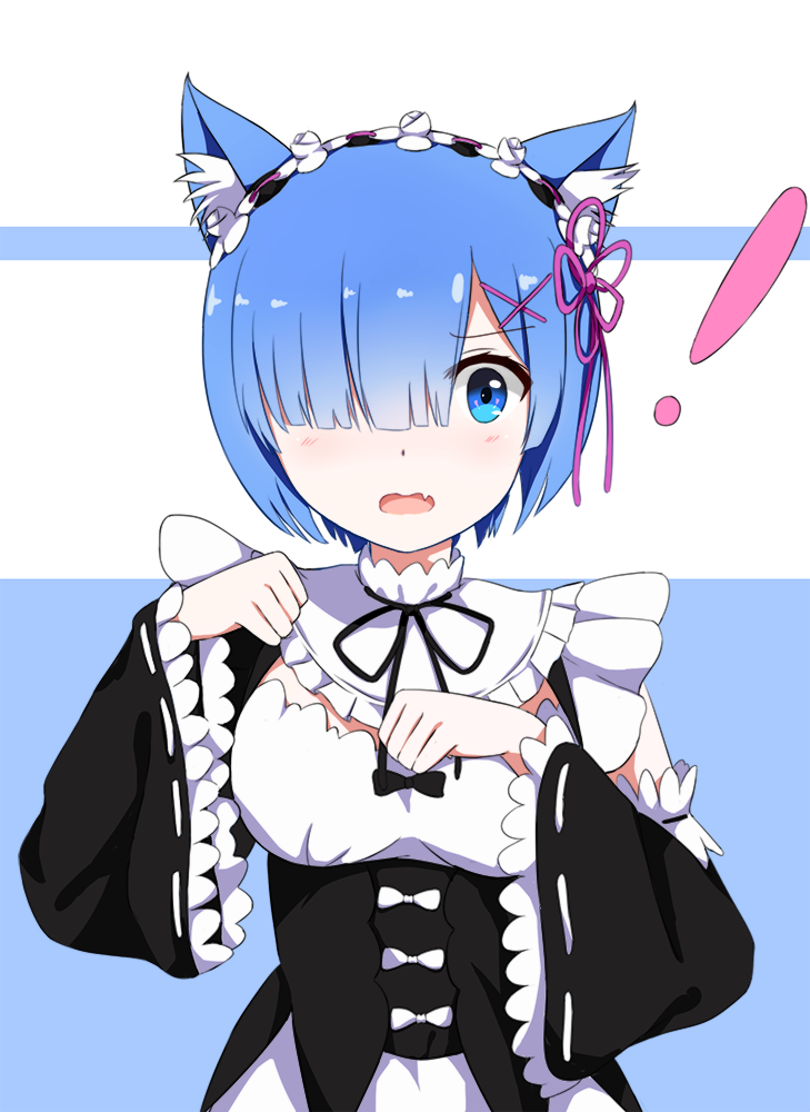 ! 10s 1girl animal_ears bad_id bad_pixiv_id blue_eyes blue_hair cat_ears detached_sleeves female_focus hair_over_one_eye kemonomimi_mode looking_at_viewer maid open_mouth paw_pose re:zero_kara_hajimeru_isekai_seikatsu rem_(re:zero) rko_(a470350510) short_hair solo