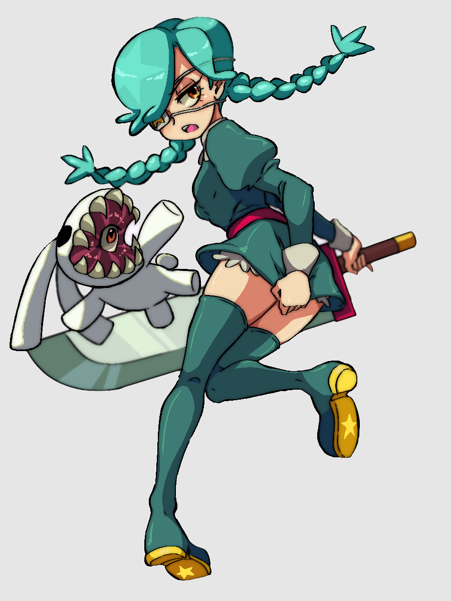 1girl annie_(skullgirls) bloomers blush boots braid covering_ass covering_privates eyepatch green_hair grey_background hair_over_one_eye half-closed_eyes highres holding holding_sword holding_weapon juliet_sleeves kyouhei_hei long_sleeves looking_back open_mouth panties panty_peek pink_background puffy_sleeves sagan_(skullgirls) skirt skirt_hold skullgirls sparkle stuffed_animal stuffed_rabbit stuffed_toy sword thigh_boots thighhighs twin_braids underwear weapon yellow_eyes