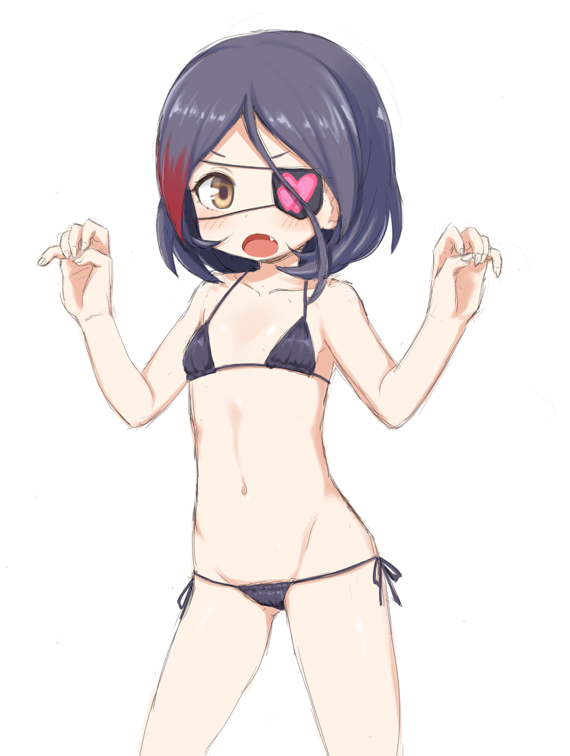 &gt;:o 1girl :o bikini black_bikini blush collarbone cowboy_shot eyepatch fang female_focus flat_chest hands_up hayasaka_mirei heart heart_print idolmaster idolmaster_cinderella_girls kou_(garakuta_teikoku) looking_at_viewer multicolored_hair open_mouth purple_hair red_hair short_hair side-tie_bikini_bottom simple_background solo streaked_hair swimsuit two-tone_hair v-shaped_eyebrows white_background