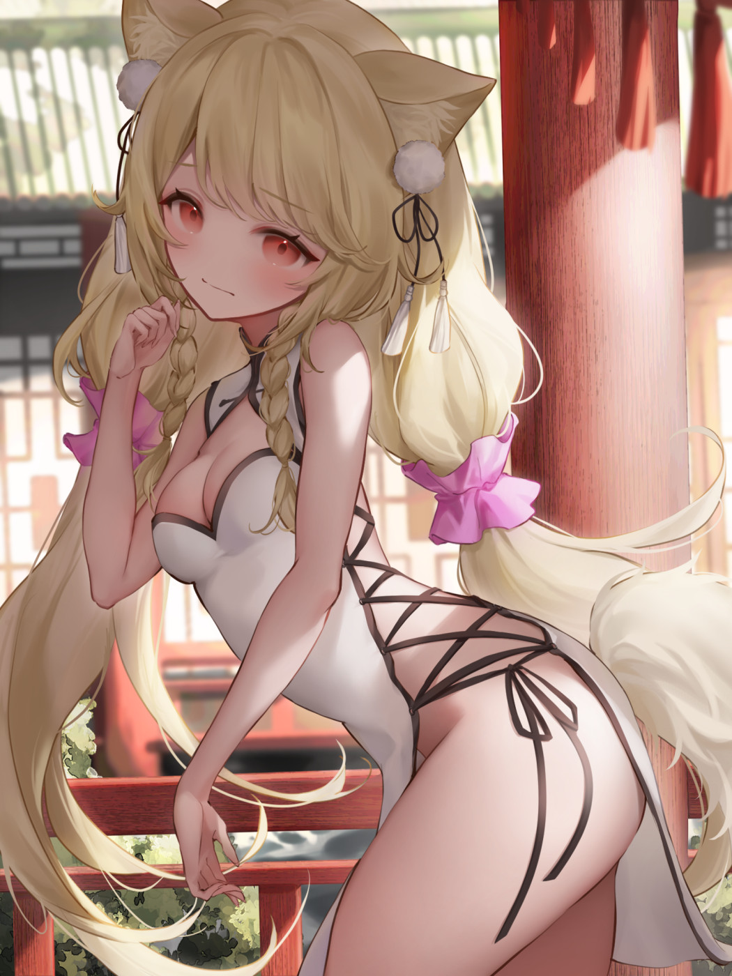 1girl animal_ears bare_shoulders blonde_hair blush borrowed_character braid breasts cat_ears cat_girl china_dress chinese_clothes cleavage_cutout closed_mouth clothing_cutout commentary commission dress ear_ornament hand_up highres long_hair looking_at_viewer metatarou original pink_scrunchie red_eyes scrunchie skeb_commission sleeveless sleeveless_dress small_breasts solo tassel thighs twin_braids twintails very_long_hair white_dress