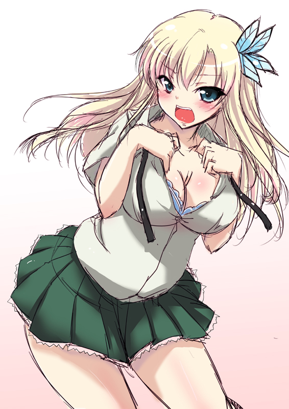 10s 1girl blonde_hair blue_eyes blush boku_wa_tomodachi_ga_sukunai bra breasts butterfly_hair_ornament cleavage female_focus gradient_background hair_ornament kashiwazaki_sena large_breasts long_hair looking_at_viewer open_mouth school_uniform sketch skirt solo tsukishiro_kou underwear undressing white_background