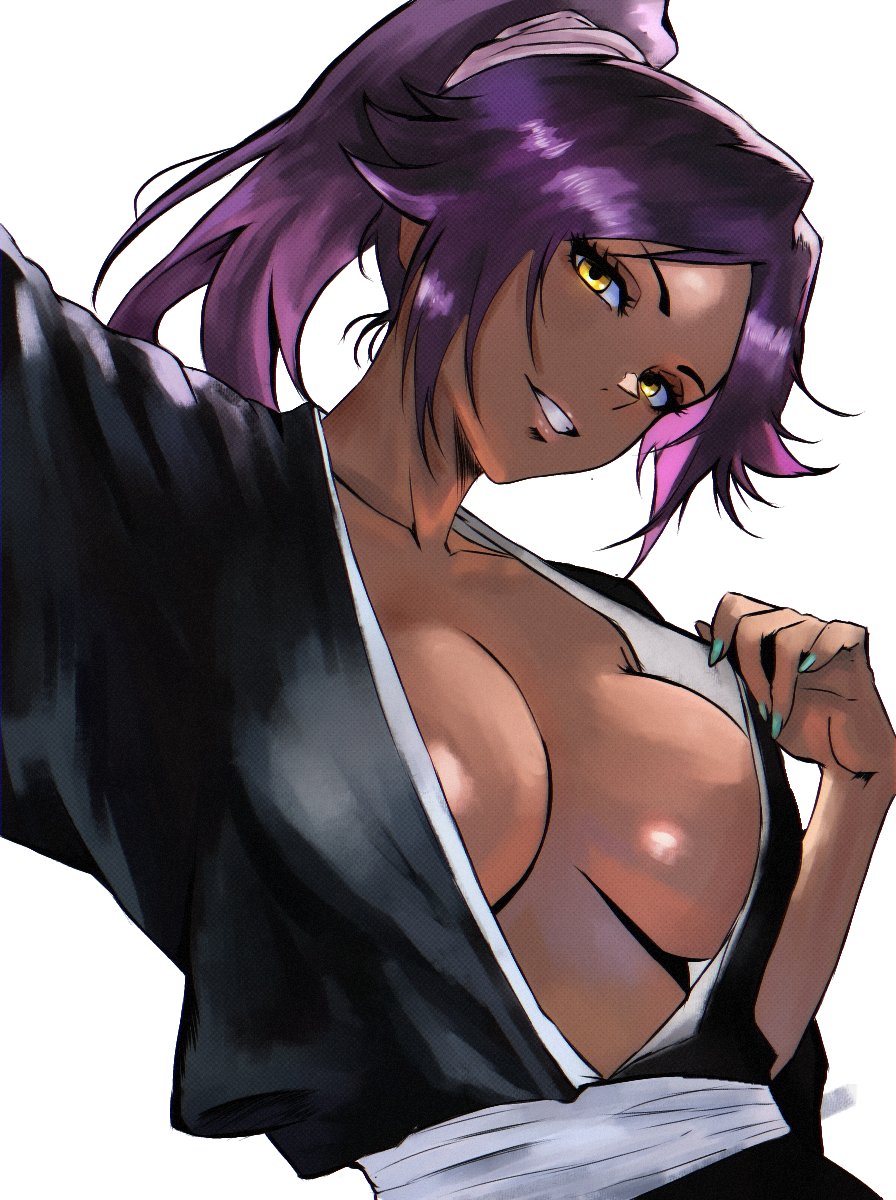 1girl aqua_nails bion_(insomn_bion) black_kimono bleach breasts collarbone commentary dark-skinned_female dark_skin english_commentary highres japanese_clothes kimono kimono_pull large_breasts long_hair looking_at_viewer nail_polish parted_bangs ponytail pulling_own_clothes purple_hair sash shihakusho shihouin_yoruichi simple_background smile solo upper_body white_background white_sash yellow_eyes