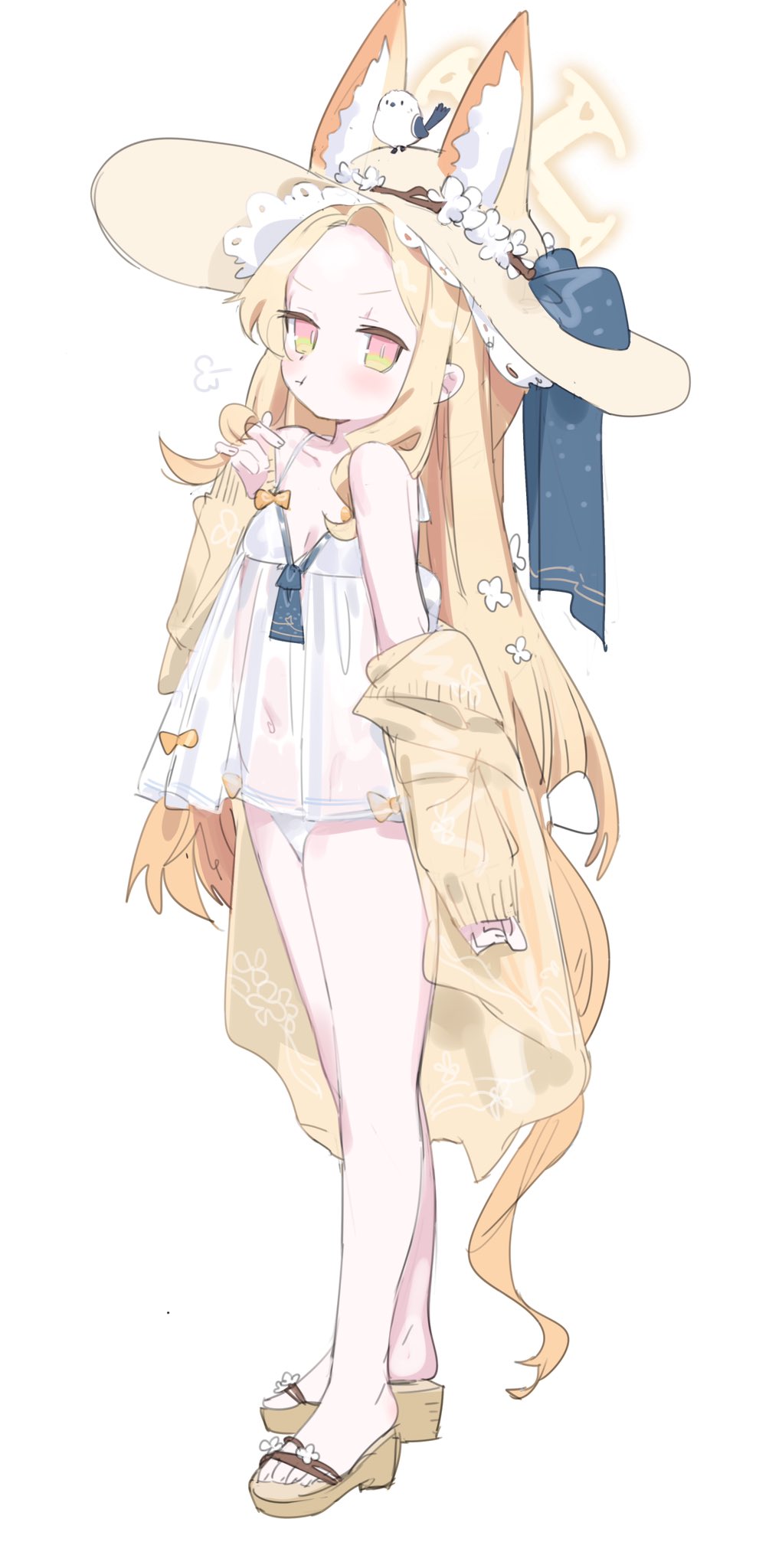 1girl alternate_costume animal animal_ear_fluff animal_ears animal_on_head bikini bird blonde_hair blue_archive blush bow breasts commentary cross_halo extra_ears flower forehead fox_ears full_body gradient_eyes halo hat highres long_hair looking_at_viewer multicolored_eyes navel nemo_(leafnight) on_head parted_bangs sandals see-through_clothes seia_(blue_archive) simple_background small_breasts solo standing sun_hat swimsuit symbol-only_commentary tail toes very_long_hair white_background white_bikini yellow_eyes yellow_halo