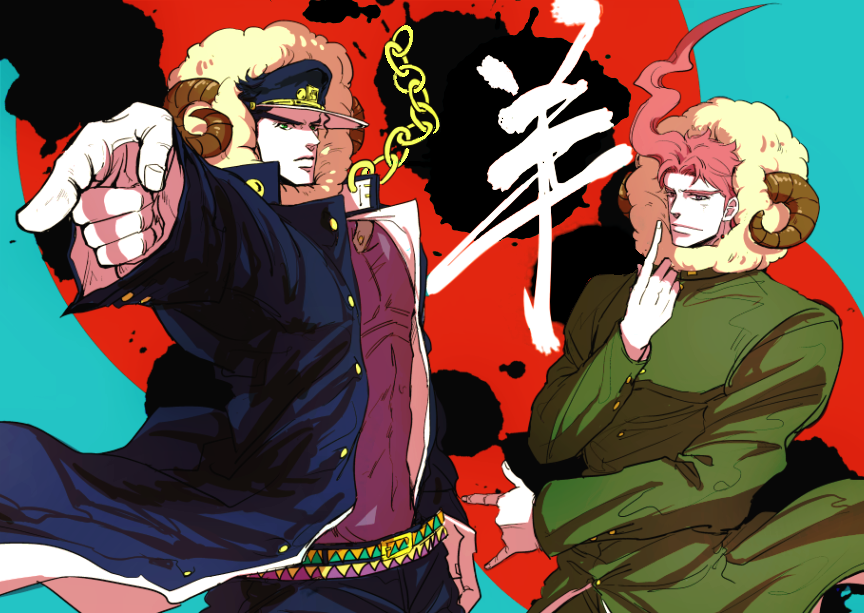 2boys 91_metro_mochi black_hair gakuran horns jojo_no_kimyou_na_bouken kakyoin_noriaki kemonomimi_mode kujo_jotaro&#039;s_pose_(jojo) kuujou_joutarou male_focus mochi_(91_metro_mochi) multiple_boys pointing red_hair school_uniform sheep_hat sheep_horns