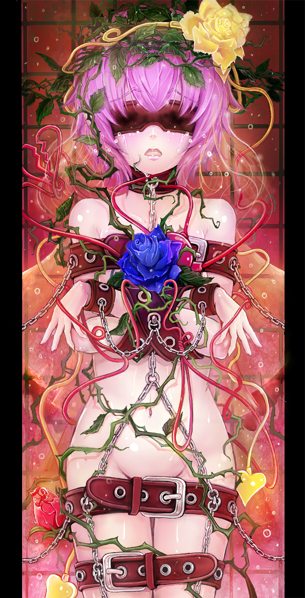 1girl bdsm belt blindfold blue_flower blue_rose blush bondage bound chain female_focus flower komeiji_satori naked_belt nude purple_hair red_flower red_rose revision rose sai-go short_hair solo tears touhou yellow_flower yellow_rose