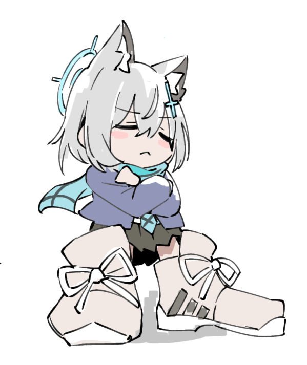 &gt;:( 1girl :&lt; animal_ear_fluff animal_ears aqua_scarf bike_jersey blue_archive blue_halo blue_scarf chibi closed_eyes cross_hair_ornament crossed_arms drip_(meme) eri_(erikiri) extra_ears grey_hair hair_between_eyes hair_ornament halo meme oversized_clothes pleated_skirt scarf shiroko_(blue_archive) shoes short_hair simple_background skirt smug solo standing v-shaped_eyebrows white_background white_footwear wolf_ears