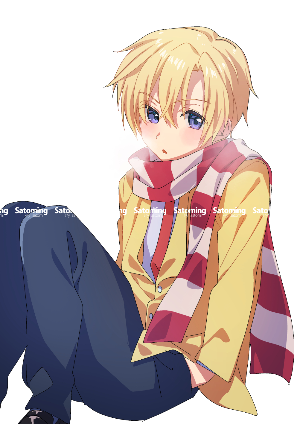 1boy black_pants blazer blonde_hair blue_eyes clannad commission hand_in_pocket highres hikarizaka_private_high_school_uniform jacket necktie pants red_necktie satomi_yoshitaka scarf school_uniform shirt short_hair simple_background solo striped_clothes striped_scarf sunohara_youhei white_background white_shirt yellow_jacket