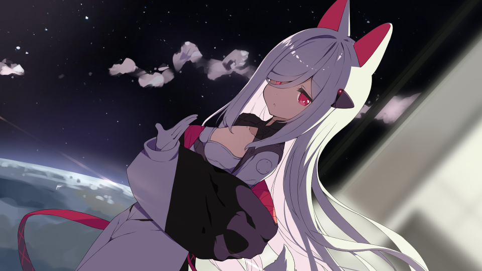 1girl animal_ears bodysuit breasts collarbone commentary_request fox_ears gloves glowing grey_bodysuit grey_hair hair_over_one_eye long_sleeves looking_at_viewer original p19 parted_lips planet puffy_long_sleeves puffy_sleeves red_eyes sleeves_past_wrists small_breasts solo space star_(symbol) white_gloves