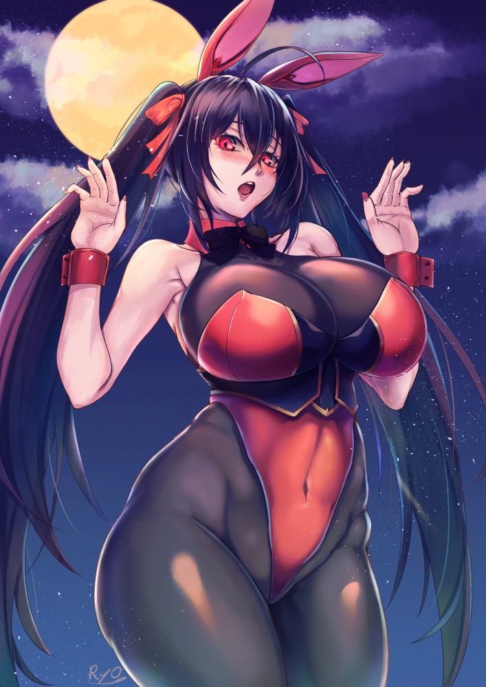 1girl ahoge alternate_costume animal_ears azur_lane black_hair bodystocking bow bowtie breasts cleavage cosplay crossed_bangs detached_collar fake_animal_ears full_moon huge_breasts leotard long_hair moon night night_sky pantyhose playboy_bunny rabbit_ears red_eyes red_leotard ryo_(sora-ryu) sky solo strapless strapless_leotard taihou_(azur_lane) twintails wrist_cuffs