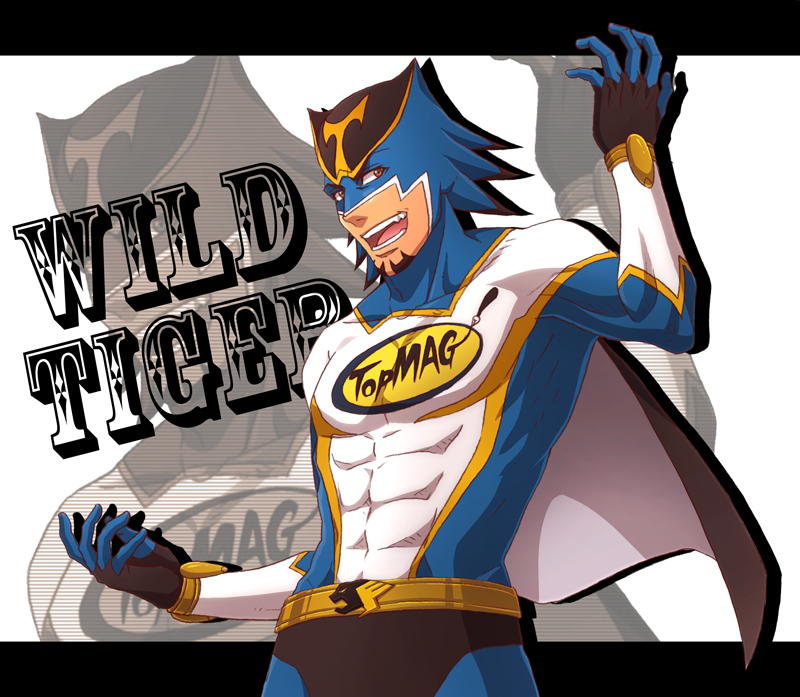 10s 1boy brown_eyes cape character_name facial_hair kaburagi_t._kotetsu lunarclinic male_focus mask solo spandex stubble superhero_costume tiger_&amp;_bunny wild_tiger zoom_layer