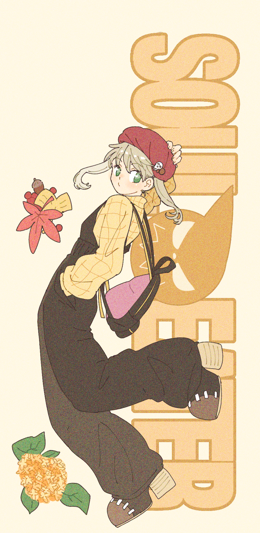 1girl bag blonde_hair commentary_request copyright_name flower full_body green_eyes hand_on_headwear hat highres large_shoes maka_albarn overalls profile red_hat sekitan47 shirt shoes shoulder_bag solo soul_eater twintails yellow_background yellow_shirt