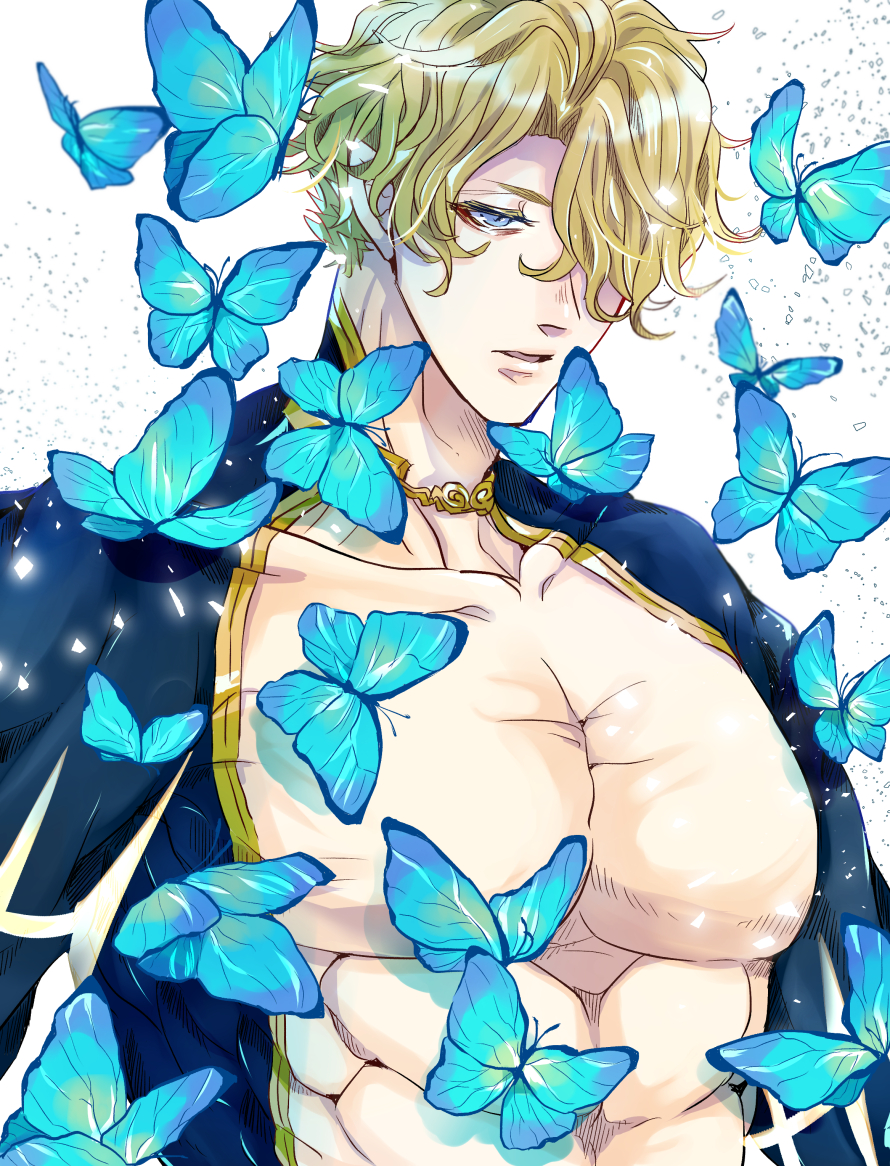 1boy abs armlet bug butterfly choker collarbone expressionless gold_choker gold_trim golden_armlet hair_over_one_eye half-closed_eyes insect jewelry jitome male_focus muscular muscular_male parted_lips pectoral_cleavage pectorals pointy_ears poseidon_(shuumatsu_no_valkyrie) revealing_clothes short_hair shuumatsu_no_valkyrie simple_background solo suzuka_(pixiv) tagme toned toned_male upper_body