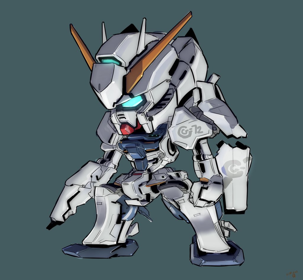 bad_id bad_twitter_id blue_eyes chibi clenched_hand glowing glowing_eye green_background gundam looking_down mecha moi_moi7 no_humans original robot solo v-fin