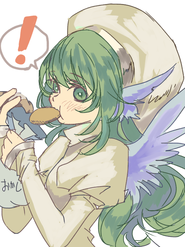 ! 1girl beret bright_pupils eating elona feathered_wings food_in_mouth green_eyes green_hair hat head_wings juliet_sleeves jure_of_healing long_hair long_sleeves mimimikan puffy_sleeves simple_background sleeves_past_wrists solo speech_bubble spoken_exclamation_mark white_background white_hat white_pupils wings