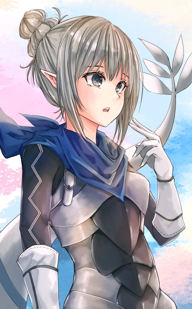 1girl armor black_bodysuit blue_scarf bodysuit dragon_girl dragon_tail fire_emblem fire_emblem_fates fuussu_(21-kazin) gloves grey_eyes grey_hair hair_bun kana_(female)_(fire_emblem) kana_(fire_emblem) nintendo open_mouth pointy_ears scarf single_hair_bun solo tail white_gloves